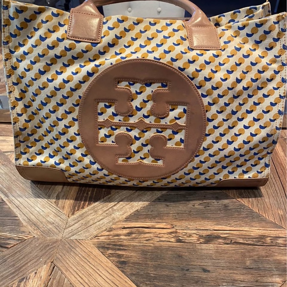 Tory Burch Tan and Blue Pattern Tote